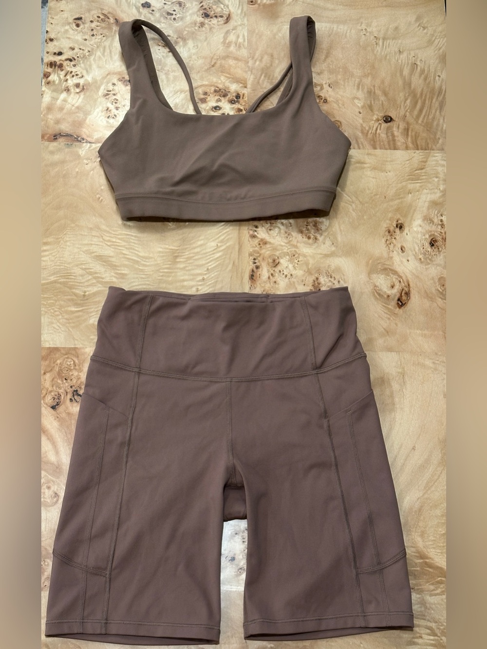 Athleta Brown Set: High-Waist Bike Shorts with Matching Sport Bra